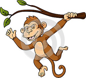 Cute little monkey cartoon hanging on tree branch