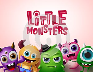 Cute little monsters 3d realistic characters vector background template. Little monsters text