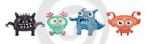 Cute Little Monsters with Horns and Big Eyes Expressing Emotion Vector Set