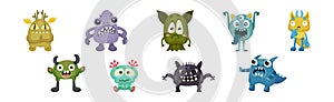 Cute Little Monsters with Horns and Big Eyes Expressing Emotion Vector Set