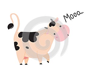 Cute Little Mooing Cow, Adorable Funny Farm Animal Cartoon Character Vector Illustration