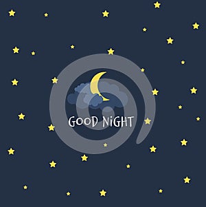 Cute little Moon on the night sky. Good night. vector illustration