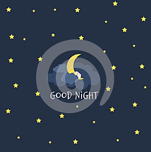 Cute little Moon on the night sky. Good night. vector illustration