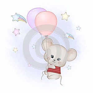 Cute little mouse with balloons on the sky