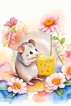 Cute little mouse eating cheese, in watercolor art style. With copy space