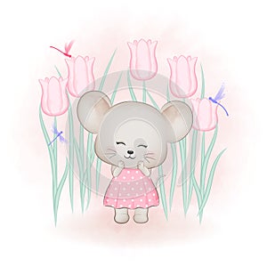 Cute little mouse  and flowers, cartoon animal watercolor illustration