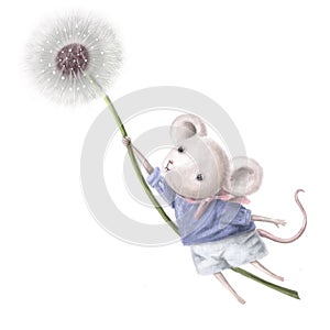 cute little mouse flying on the dandelion, hand drawn clipart, children's watercolor illustration