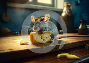 Cute little mouse hungry eating food. Small rat with cheese. generative ai