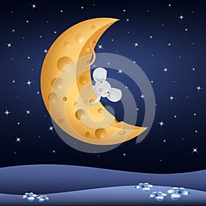 Cute little mouse on the moon in the shape of a cheese