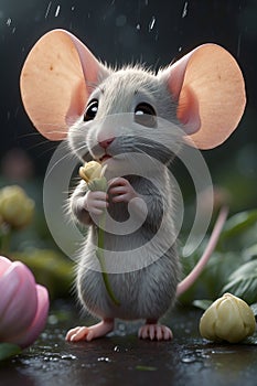 Cute little mouse standing under a flower