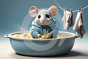 cute little mouse washing clothes, isolated on blue background
