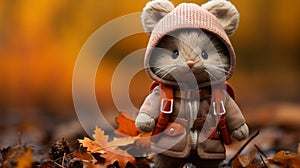 a cute little mouse wearing a coat and hat in the autumn leaves