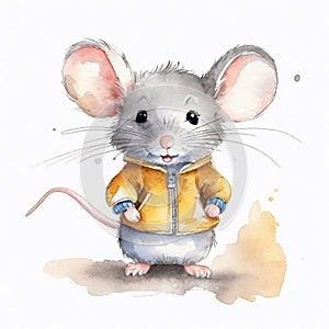 Cute little mouse in yellow jacket. Watercolor illustration for a children\'s book, picture