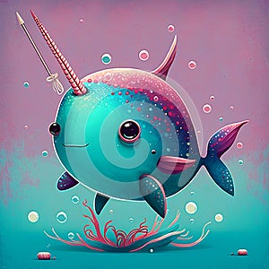 Cute little narwhal vivid color background. Cartoon style marine animal illustration, generative AI