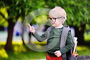 Cute little nerd schoolboy with his backpack. Back to school concept.