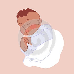Cute little newborn black baby boy or girl in a striped t-shirt is sleeping. Soft pillow. Bedtime. Sleep expert emblem