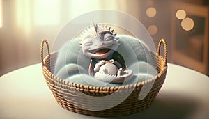 Cute little newborn dragon laughing in baby cot