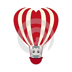 Cute little opossum fly on heart hot air balloon. Cartoon animal character for kids cards, baby shower, invitation