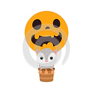 Cute little opossum flying on Halloween hot air balloon. Cartoon animal character for kids t-shirts, nursery decoration