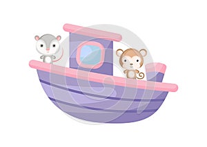 Cute little opossum and monkey sailing on violet ship. Cartoon character for childrens book, album, baby shower, greeting card,