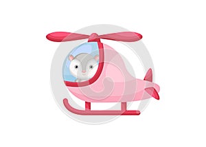 Cute little opossum pilot in pink helicopter. Cartoon character for childrens book, album, baby shower, greeting card, party