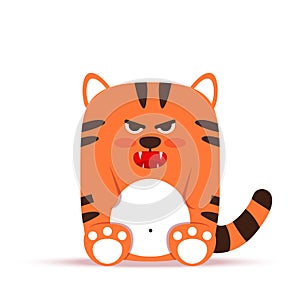 Cute little orange tiger cat in a flat style. The animal sits angry gloomy and growls. The symbol of the Chinese New