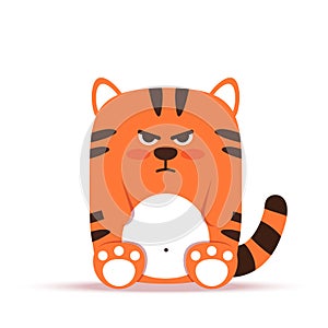 Cute little orange tiger cat in a flat style. The animal sits angry and gloomy. The symbol of the Chinese New Year 2022