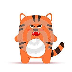 Cute little orange tiger cat in a flat style. Animal symbol for Chinese New Year 2022. An angry sullen tiger standing