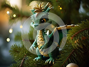 A cute little oriental green dragon is sitting on the branches of a Christmas tree