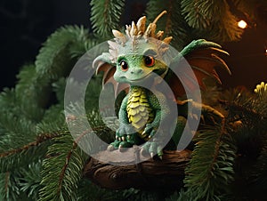 A cute little oriental green dragon is sitting on the branches of a Christmas tree