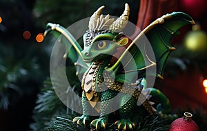 A cute little oriental green dragon is sitting on the branches of a Christmas tree