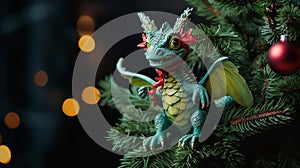 A cute little oriental green dragon is sitting on the branches of a Christmas tree