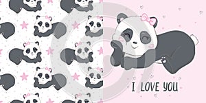 Cute Little Panda Bear with Hearts and dots Vector Illustration for Kids. Love Seamless Childish Pattern with Kawaii Baby Animals