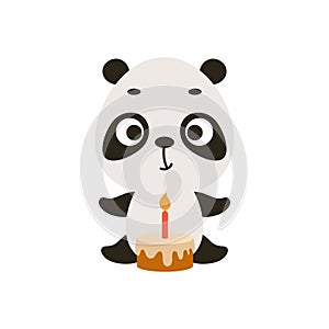 Cute little panda with birthday cake on white background. Cartoon animal character for kids cards, baby shower, invitation, poster