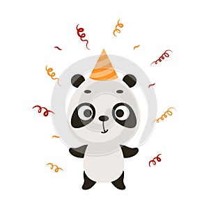 Cute little panda on birthday hat on white background. Cartoon animal character for kids cards, baby shower, invitation, poster, t
