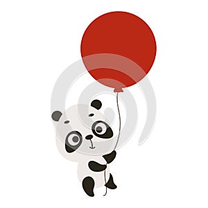 Cute little panda flying on red balloon. Cartoon animal character for kids cards, baby shower, invitation, poster, t-shirt