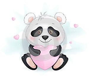 Cute little panda holding pink heart