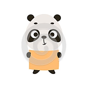 Cute little panda keep paper sheet on white background. Cartoon animal character for kids cards, baby shower, invitation, poster,