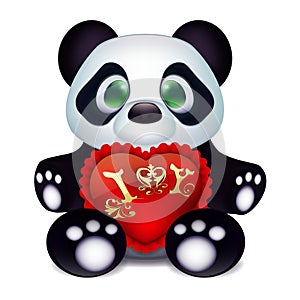 Cute little panda in love with a red velvet pillow gift heart and a declaration of love