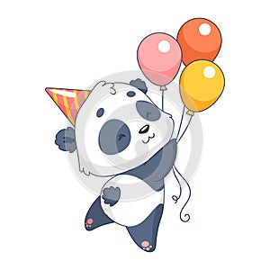 Cute little panda in a party hat with colorful balloons