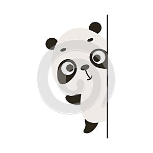 Cute little panda peeking around the corner on white background. Cartoon animal character for kids cards, baby shower, invitation