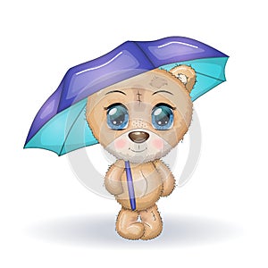 Cute little panda with pink bamboo umbrella. Cartoon