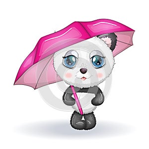 Cute little panda with pink bamboo umbrella. Cartoon