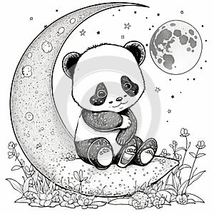 A cute little panda sitting on a half moon children coloring book image generative AI