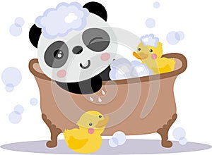 Cute little panda taking a bath