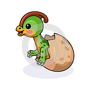 Cute little parasaurolophus dinosaur cartoon hatching from egg