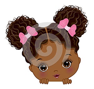 Cute Little Peekaboo Baby Girl with Afro Buns. Vector Peek a Boo Black Girl photo