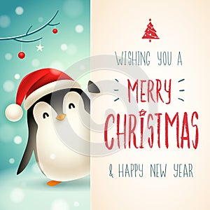 Cute little Penguin with big signboard. Merry Christmas calligraphy lettering design