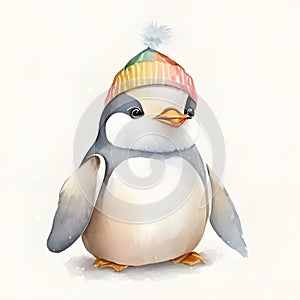 Cute little penguin in a colourful hat winter costume painted in watercolor