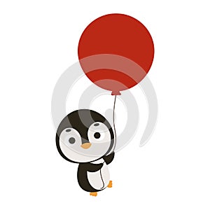 Cute little penguin flying on red balloon. Cartoon animal character for kids cards, baby shower, invitation, poster, t-shirt